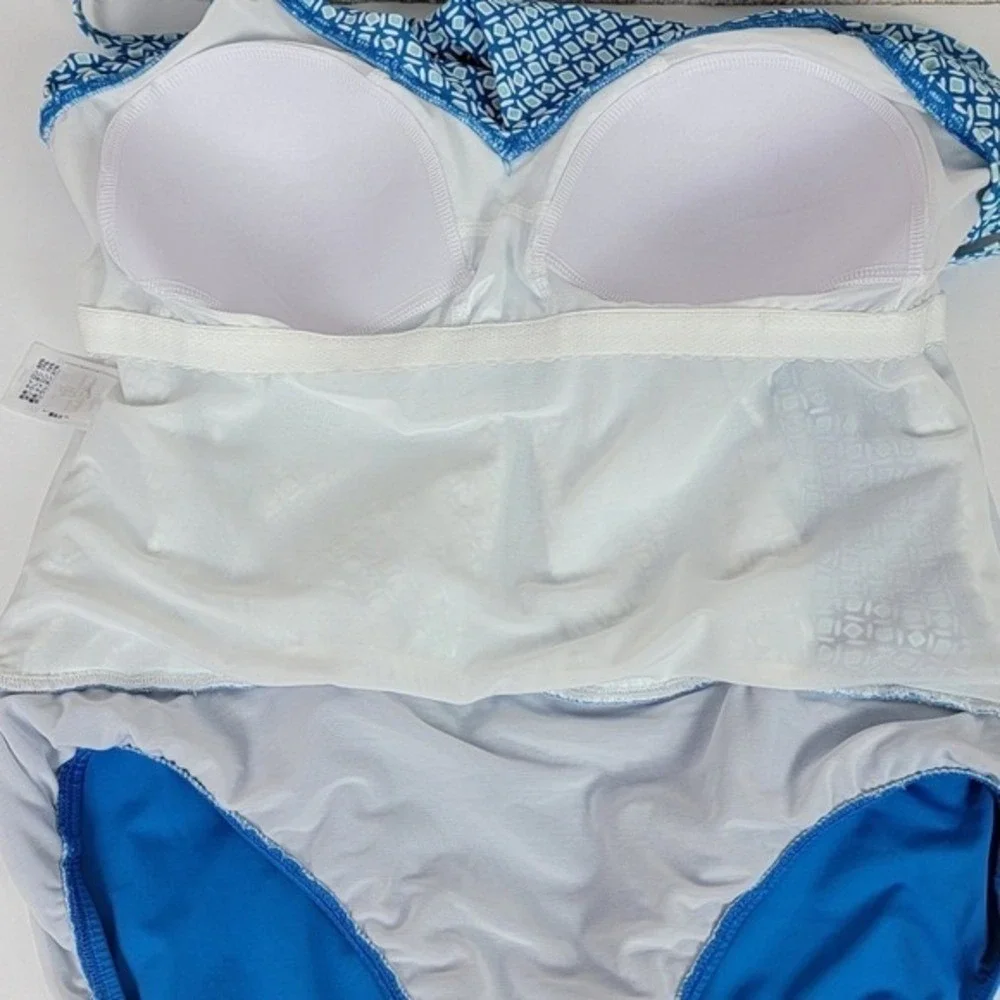 Lands' End Women's‎ 16 Blue Geo Smoothing UPF 50 Blouson Fauxkini Swimsuit